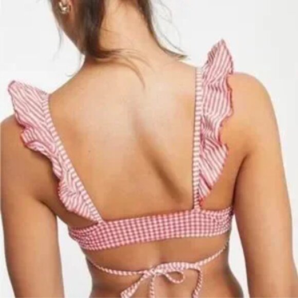 Brand New Aerie Seersucker Ruffle Wrap Swim Bikini Top; Red/White - Picture 3 of 10